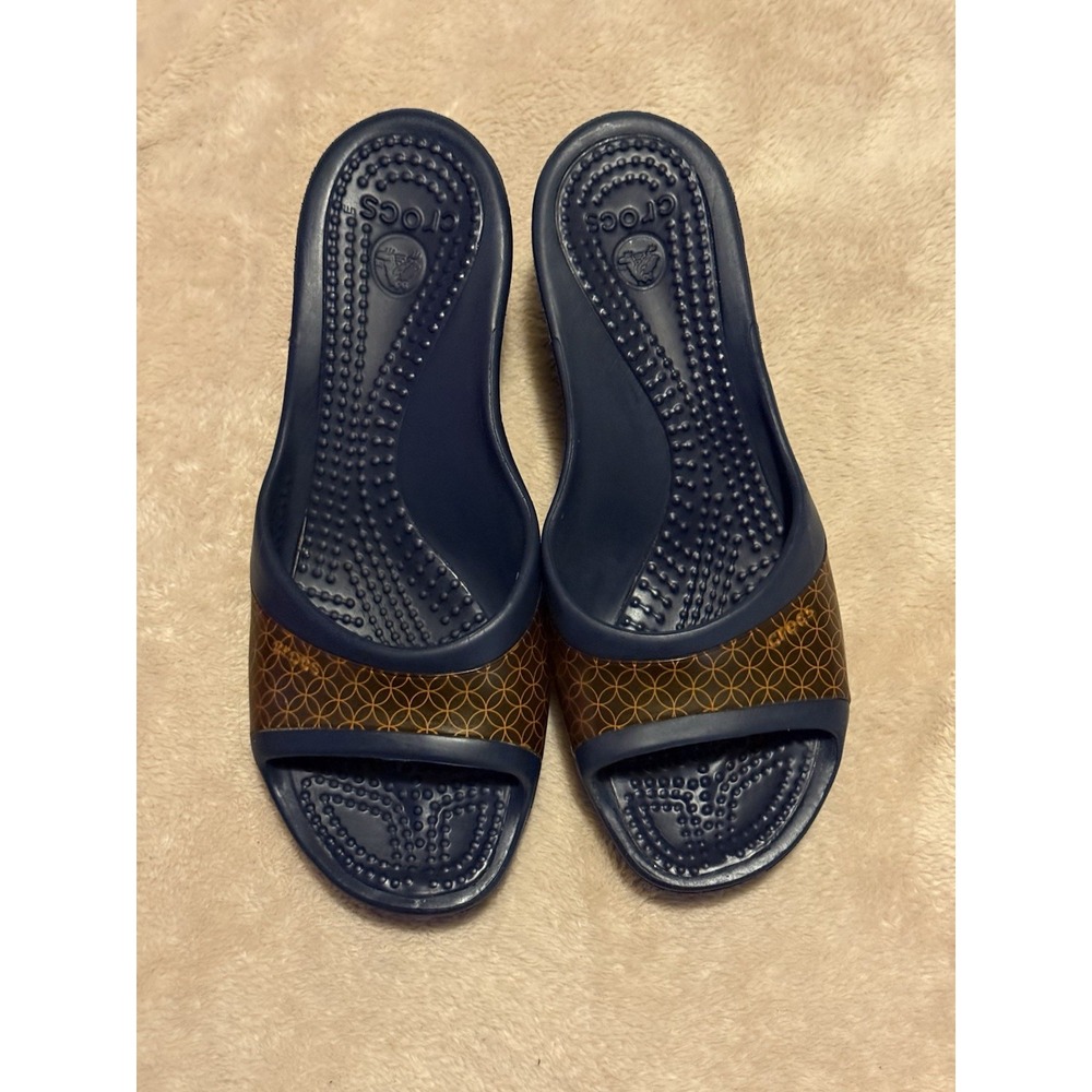 Crocs Women's Sately Wedge Heel Sandals Slides Navy Blue Shoes Size 9 Slip On - Picture 2 of 4